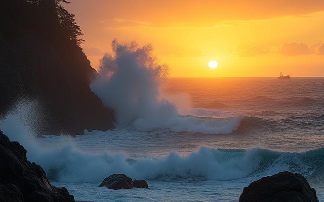 海洋の力強い波と朝日、Ryuko Pathの理念を象徴する
